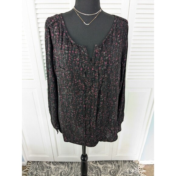 Eddie Bauer Top Women XL Red Black Dotted Long Sleeve Blouse Cottagecore Light - Picture 1 of 13